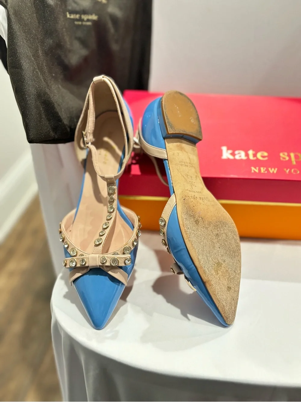 kate spade Blue and Beige Studded T-Strap Pointed Heels